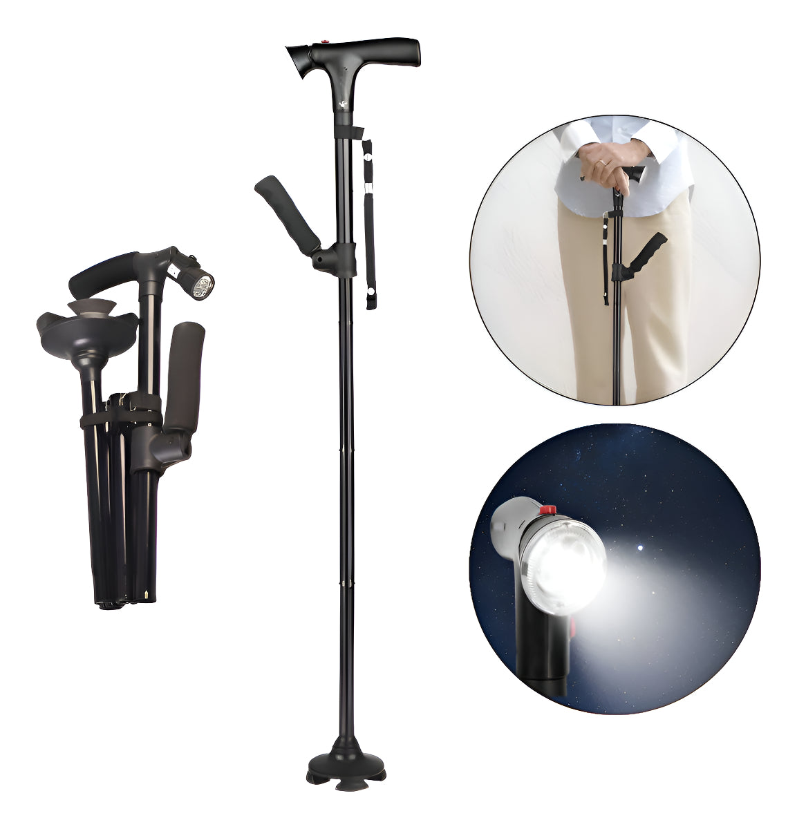 Folding, Non-slip Walking Stick with LED Light and Adjustable Height