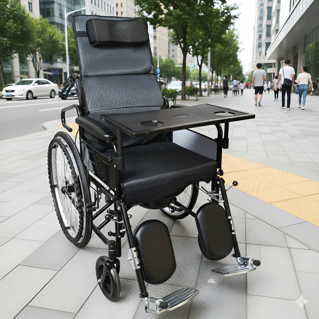 WINNERMED Manual Lightweight Foldable Wheelchair comfort Manual Wheelchair – 150° Recline with Table and Commode